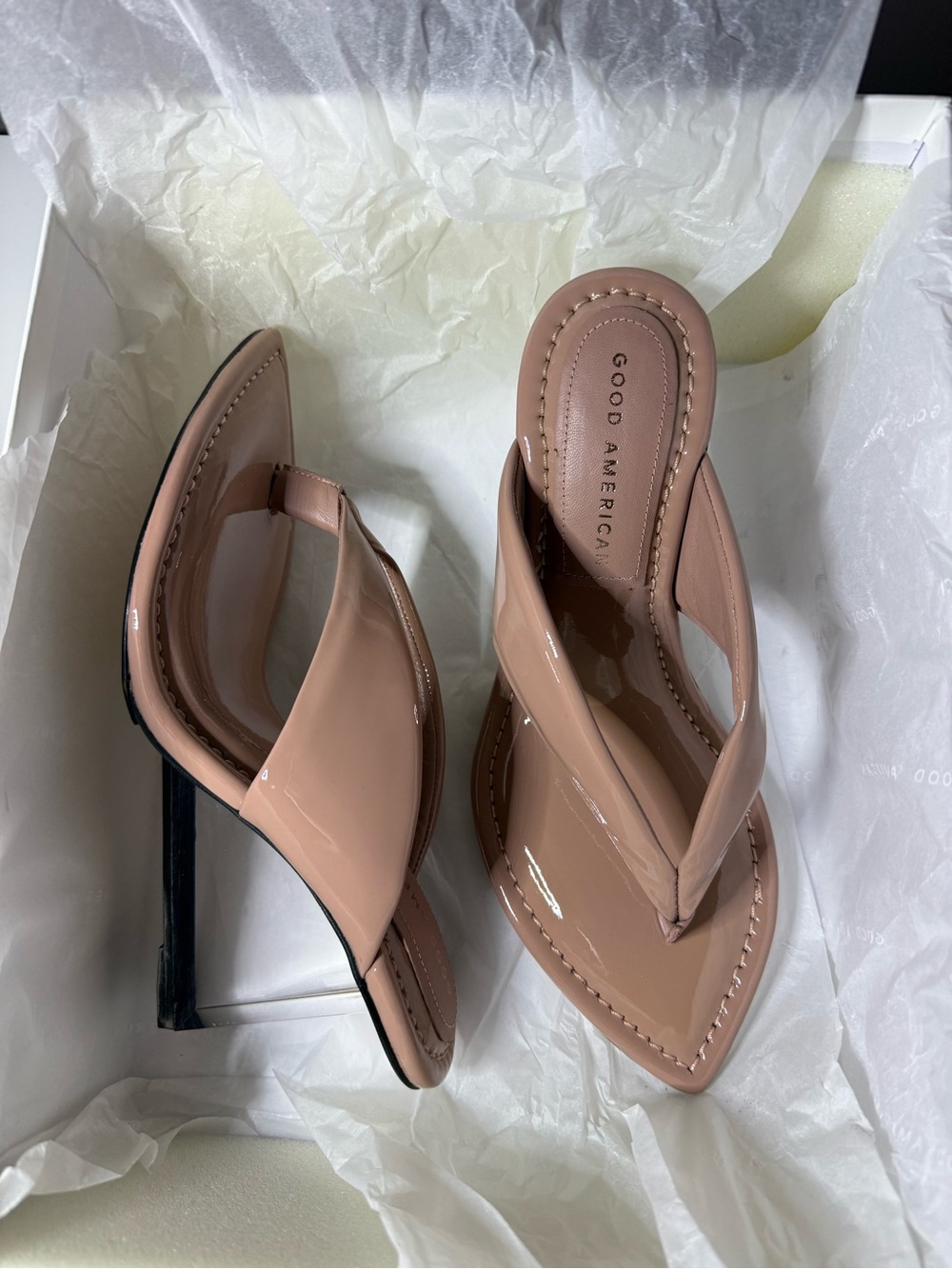Good American Blush Patent Thong Stiletto Sandals